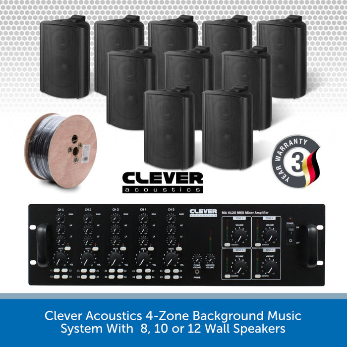 Clever Acoustics 4-Zone Background Music System With Volume & Source Selection - 8, 10 or 12 Wall Speakers