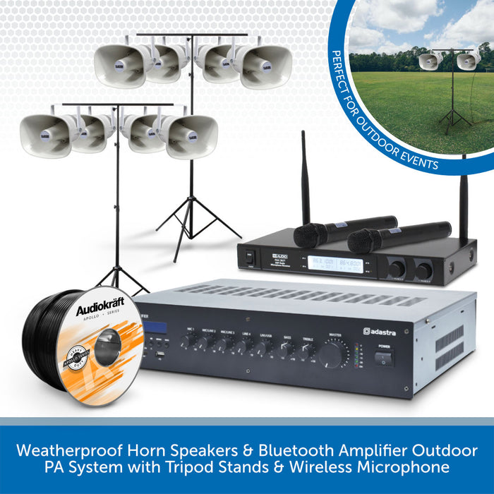 Weatherproof Horn Speakers & Bluetooth Amplifier Outdoor PA System with Tripod Stands & Wireless Microphone