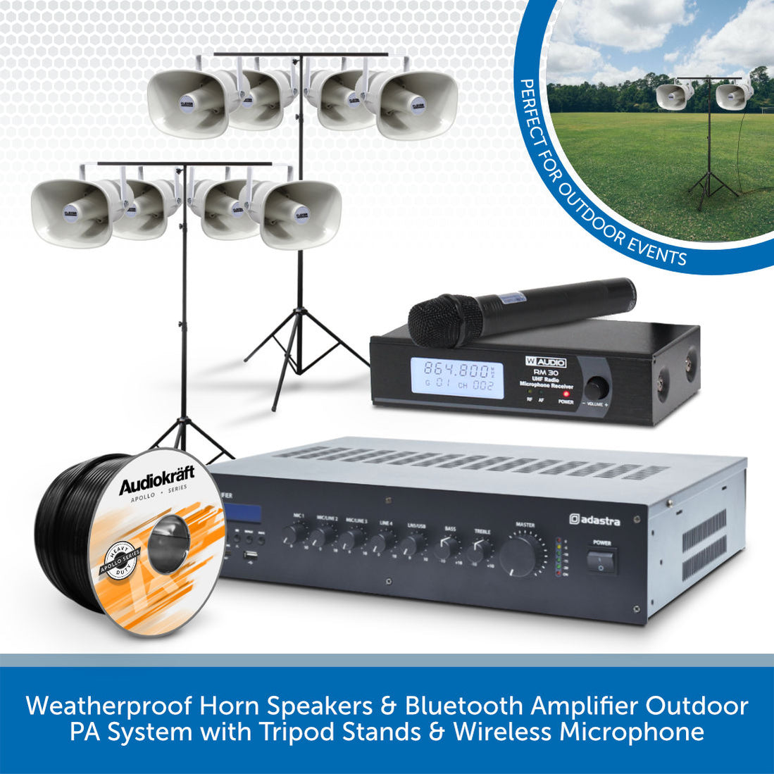 Weatherproof Horn Speaker Outdoor PA System with Stands | Audio Volt