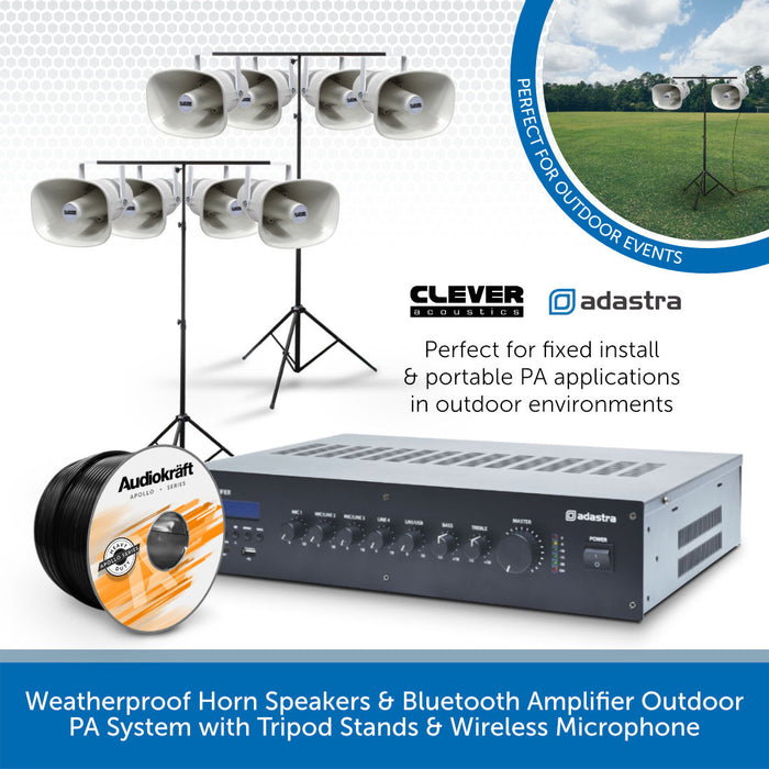 Weatherproof Horn Speakers & Bluetooth Amplifier Outdoor PA System with Tripod Stands & Wireless Microphone