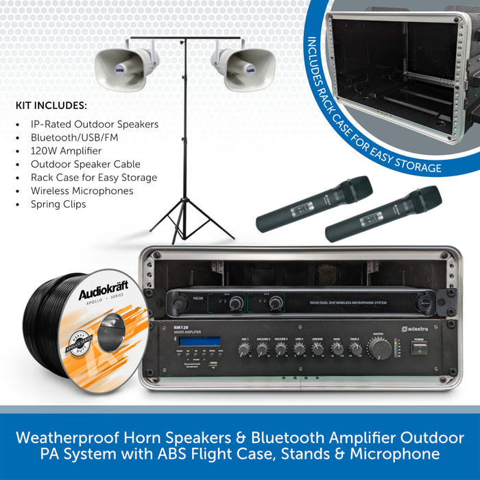 Weatherproof Horn Speakers & Bluetooth Amplifier Outdoor PA System with ABS Flight Case, Stands & Microphone