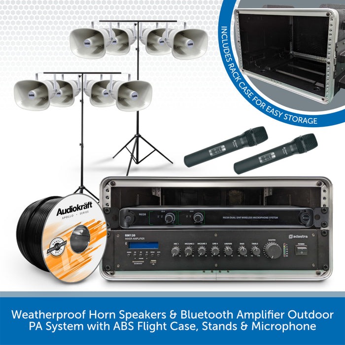 Weatherproof Horn Speakers & Bluetooth Amplifier Outdoor PA System with ABS Flight Case, Stands & Microphone