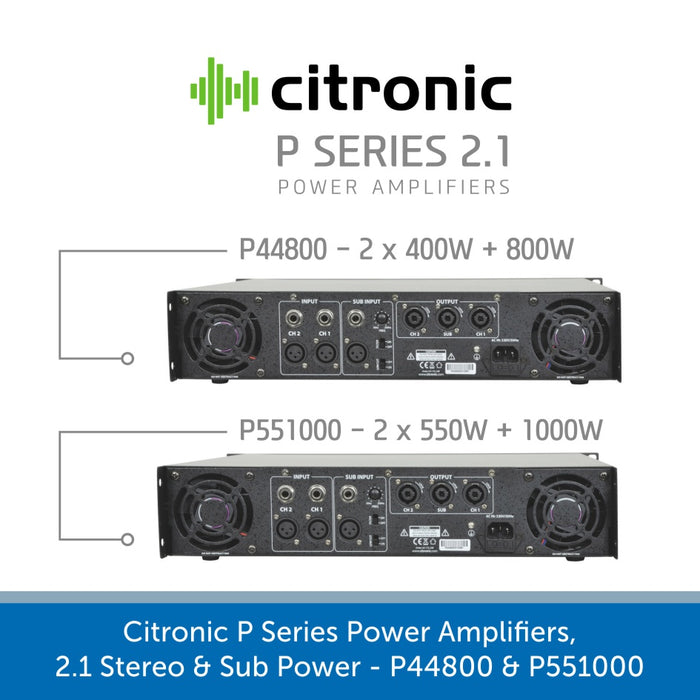 Showing the back of a Citronic P Series Power Amplifiers, 2.1 Stereo & Sub Power - P44800 & P551000