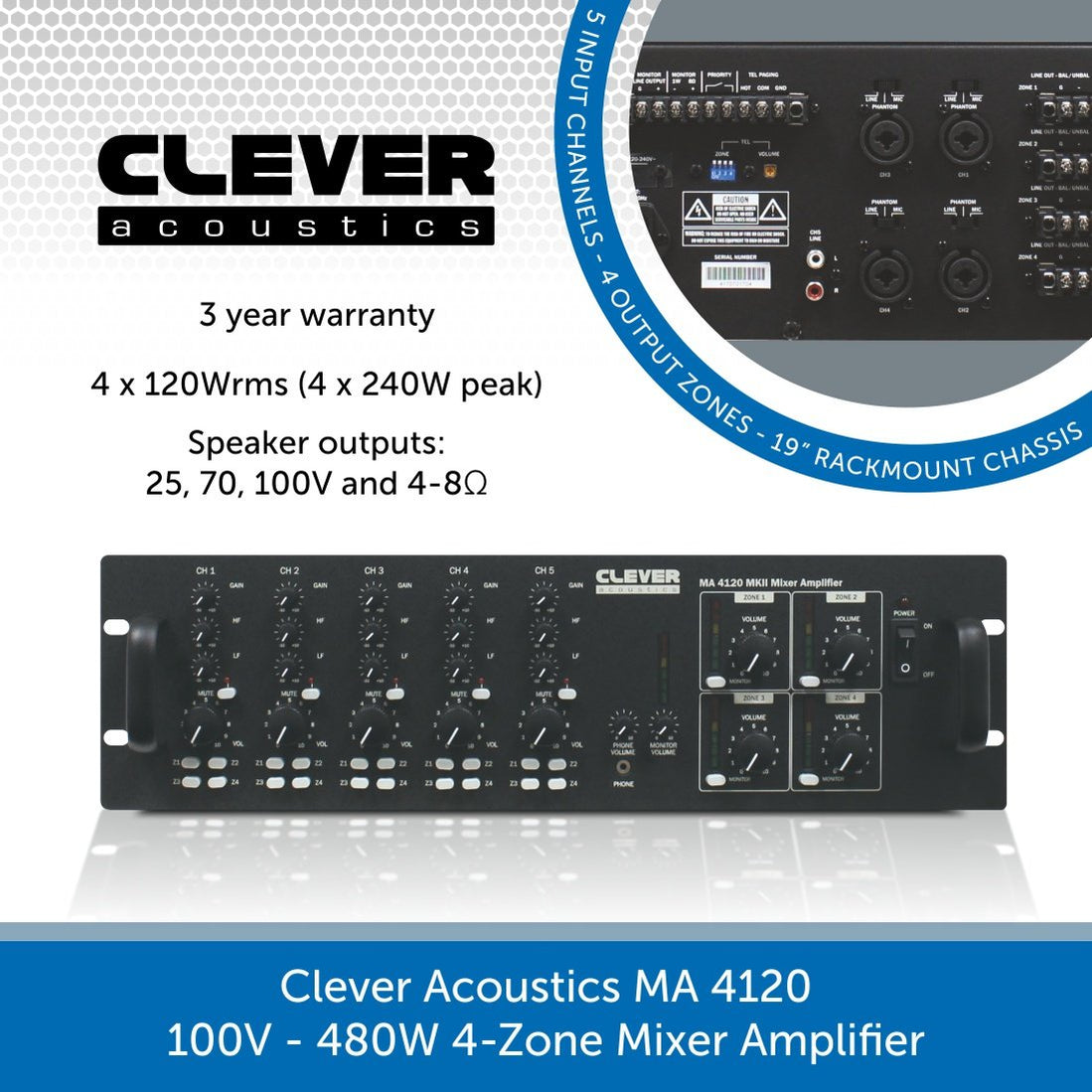 Clever Acoustics MA 4120 100V 480W 4-Zone Mixer Amplifier | Audio Volt