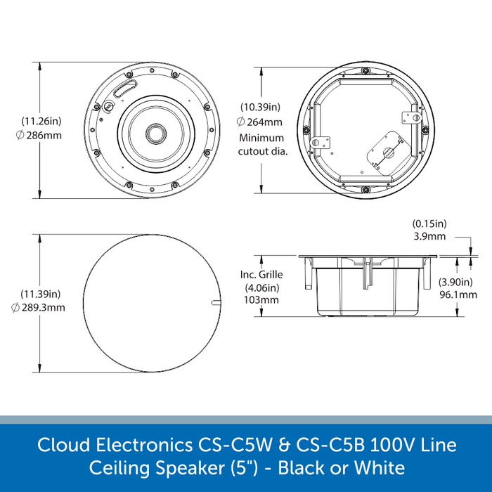 Showing the size of a Cloud Electronics CS-C6W & CS-C6B Professional 100V Line Ceiling Speaker 
