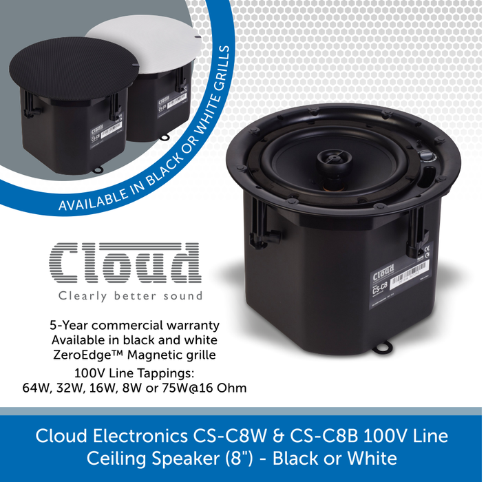 Cloud Electronics CS-C8W & CS-C8B Professional 100V Line Ceiling Speaker (8") - Black or White
