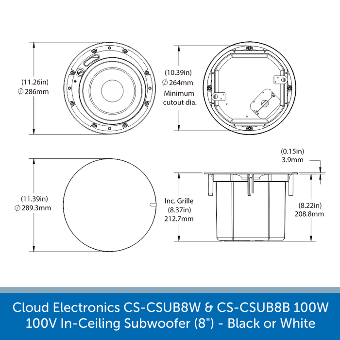 Cloud Electronics CS-CSUB8W & CS-CSUB8B Professional 100V In-Ceiling Subwoofer, 8 inch Black or White