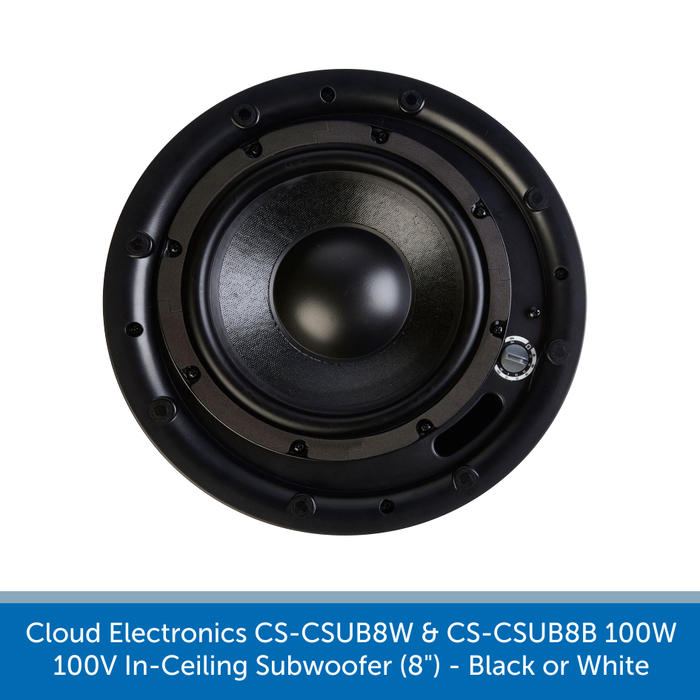 Showing the 8 inch subwoofer for a Available in white or black Cloud Electronics CS-CSUB8W & CS-CSUB8B Professional 100W/100V In-Ceiling Subwoofer (8")