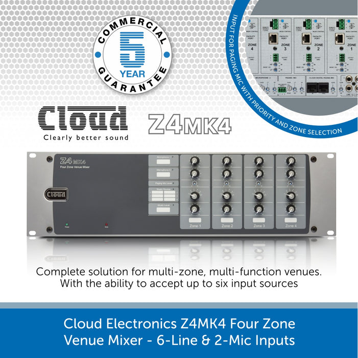 Cloud Electronics Z4MK4 - Four Zone Venue Mixer, 6-Line & 2-Mic Inputs