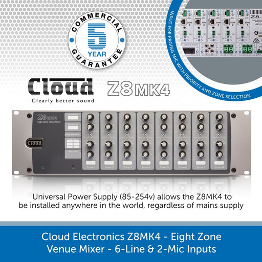 Cloud Electronics Z8MK4 - Eight Zone Venue Mixer, 6-Line & 2-Mic Inputs