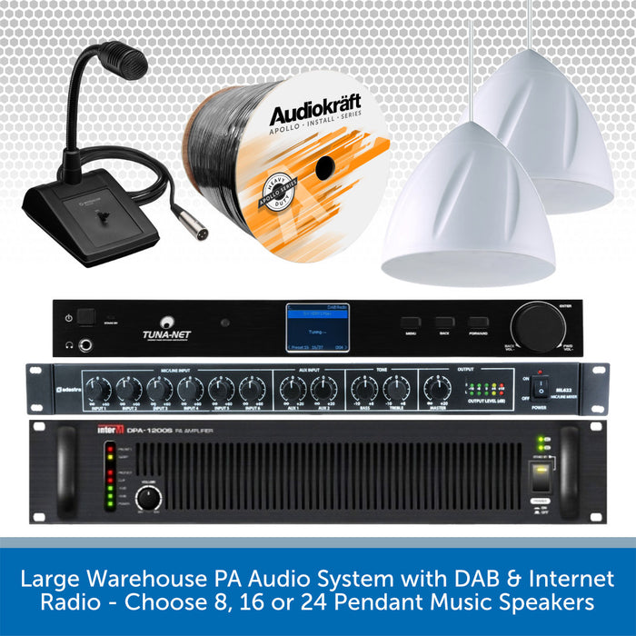 Large Warehouse PA Audio System with DAB & Internet Radio - Choose 8, 16 or 24 Pendant Music Speakers