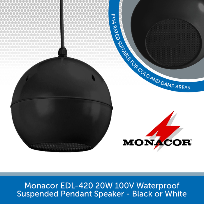 Monacor EDL-420 20W 100V Waterproof Suspended Pendant Speaker - Available in Black or White
