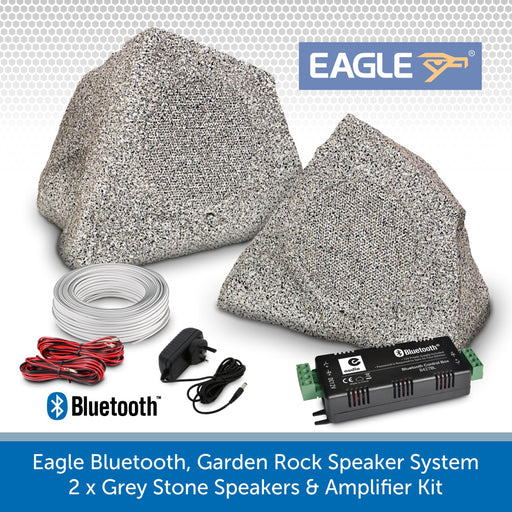Eagle Bluetooth, Garden Rock Speaker System - 2 x Grey Stone Weatherproof Speakers & Amplifier Kit