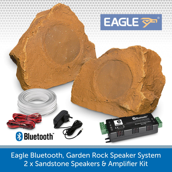 Eagle Bluetooth, Garden Rock Speaker System - 2 x Sandstone Weatherproof Speakers & Amplifier Kit
