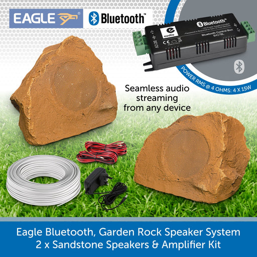 Eagle Bluetooth, Garden Rock Speaker System - 2 x Sandstone Weatherproof Speakers & Amplifier Kit