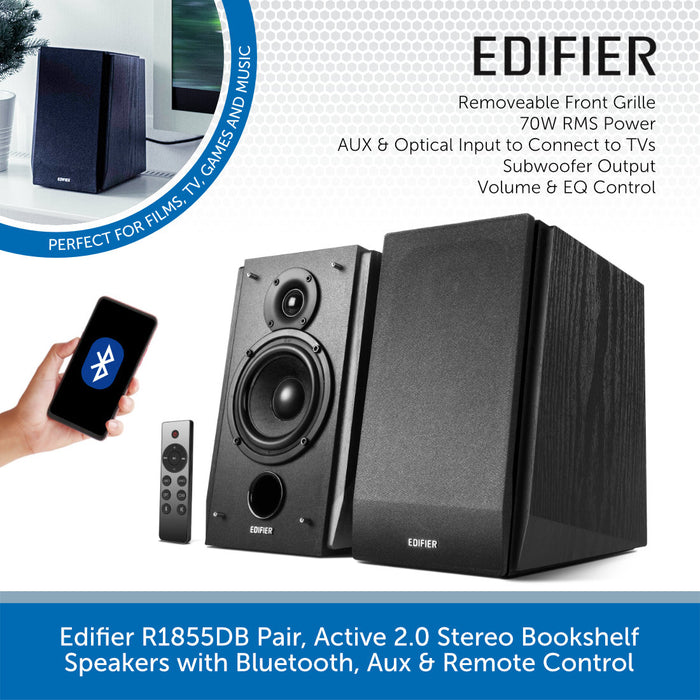 Edifier R1855DB Pair, Active 2.0 Stereo Bookshelf Speakers with Bluetooth, Aux & Remote Control