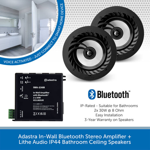 Adastra In-Wall Bluetooth Stereo Amplifier + Lithe Audio IP44 Bathroom Ceiling Speakers