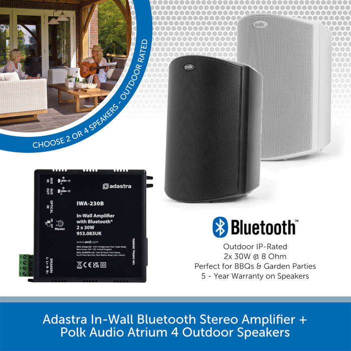 Adastra In-Wall Bluetooth Stereo Amplifier + Polk Audio Atrium 4 Outdoor Speakers
