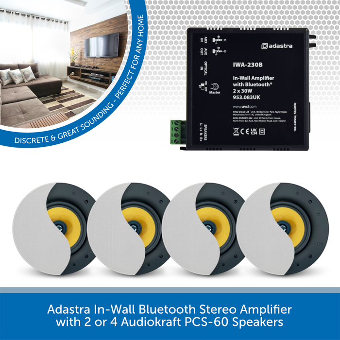 Adastra In-Wall Bluetooth Stereo Amplifier + AudioKraft PCS-60 Ceiling Speakers