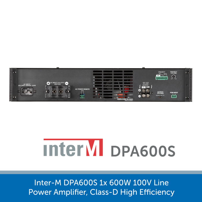 Showing the back of a Inter-M DPA600S 1x 600W 100V Line Power Amplifier, Class-D High Efficiency