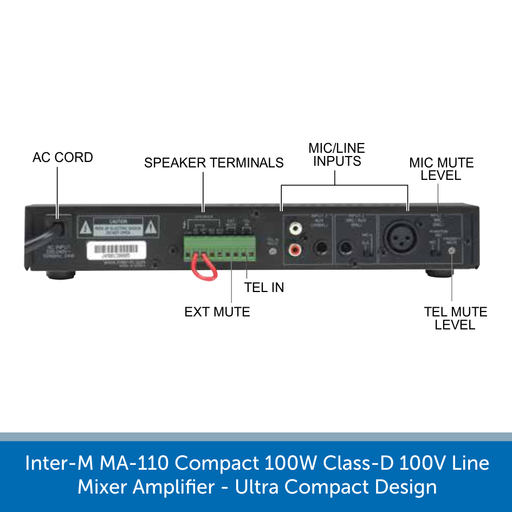 Showing the back of a Inter-M MA-110 Compact 100W Class-D 100V Line Mixer Amplifier - Ultra Compact Design