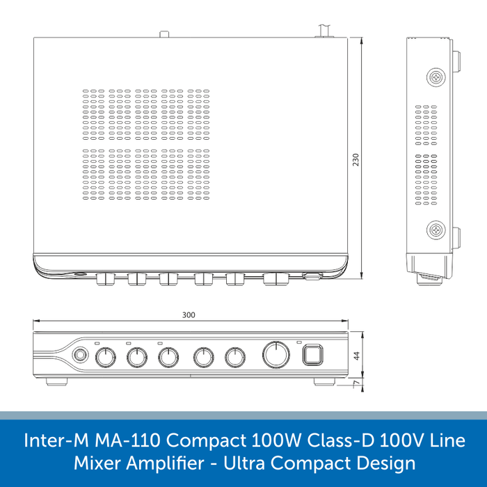 Showing the size of a Inter-M MA-110 Compact 100W Class-D 100V Line Mixer Amplifier - Ultra Compact Design