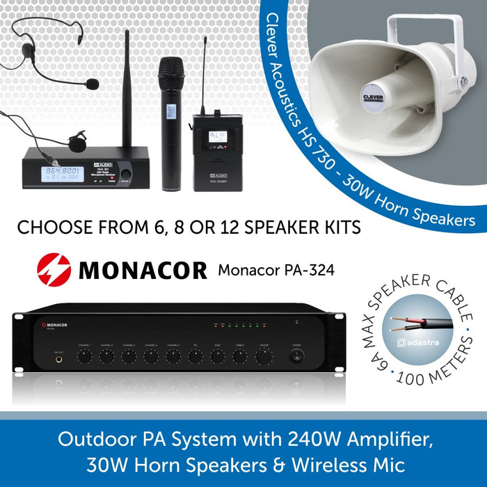 Public Address Speaker Kit with 240W Amplifier, 30W Horn Speakers and Wireless Mic