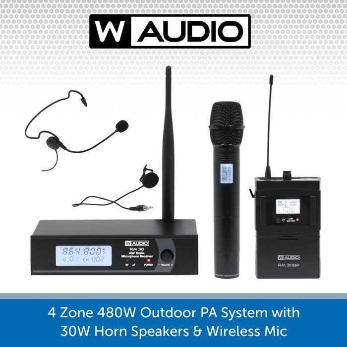 4-Zone 480W Outdoor PA System with 30W Horn Speakers & Wireless Microphone