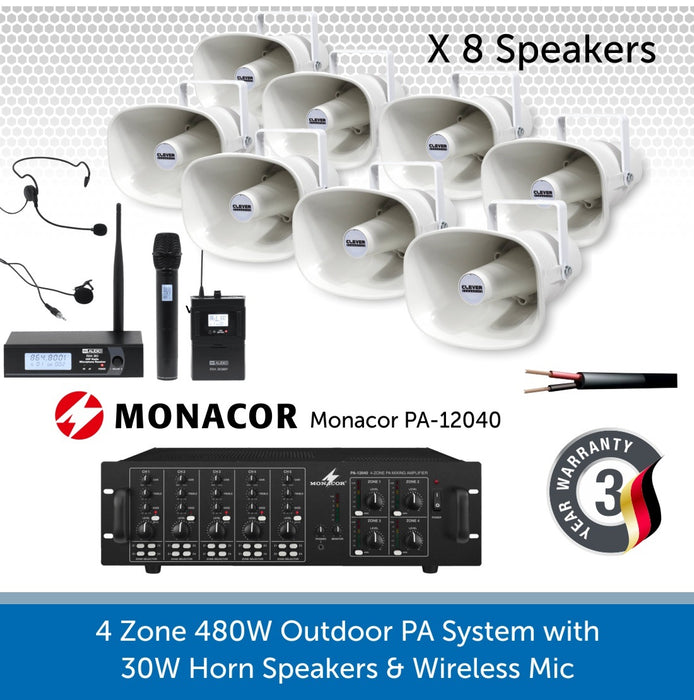 8 Speaker 4-Zone Outdoor PA System with Wireless Microphone