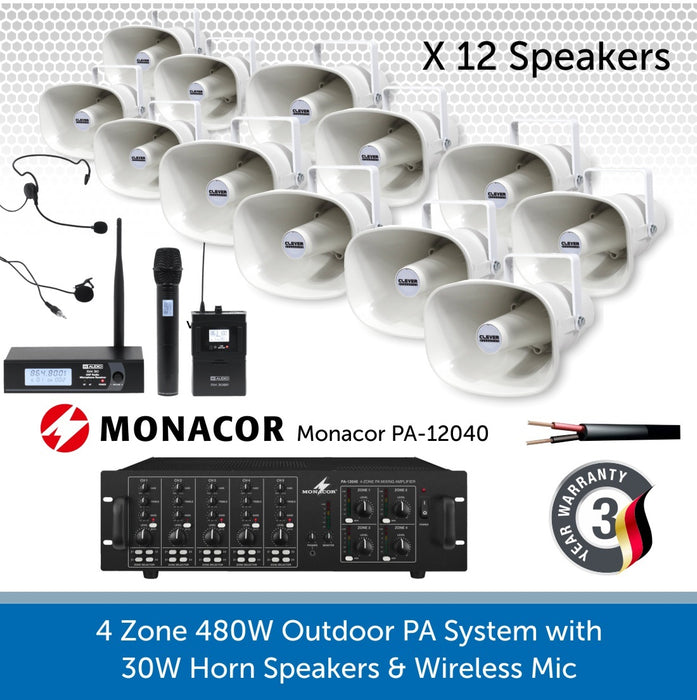 12 Speaker 4-Zone Outdoor PA System with Wireless Microphone