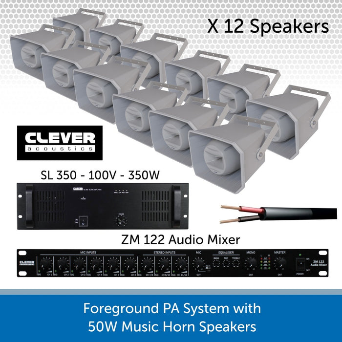 Complete Foreground PA Speaker System with Twelve 50W Music Horn Speakers