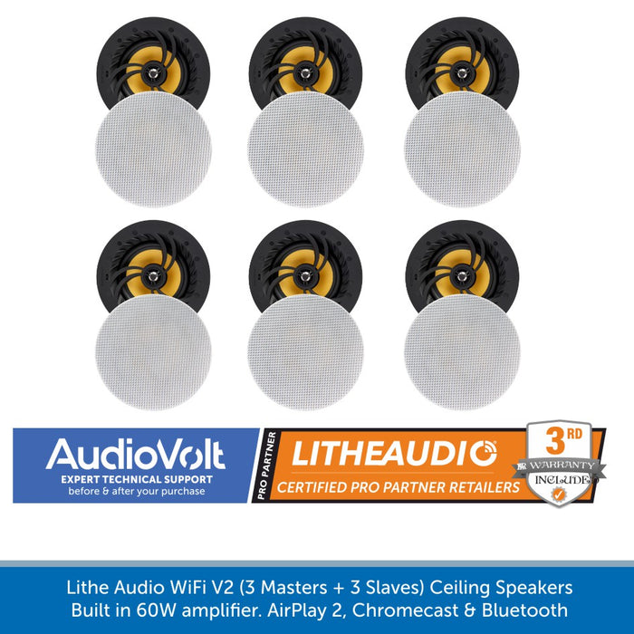 Lithe Audio WiFi V2 Multi Room Ceiling Speakers 3 Masters and 3 Slaves
