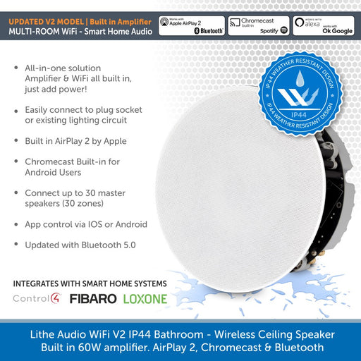 Lithe Audio WiFi V2 Multi Room IP44 Bathroom Ceiling Speaker