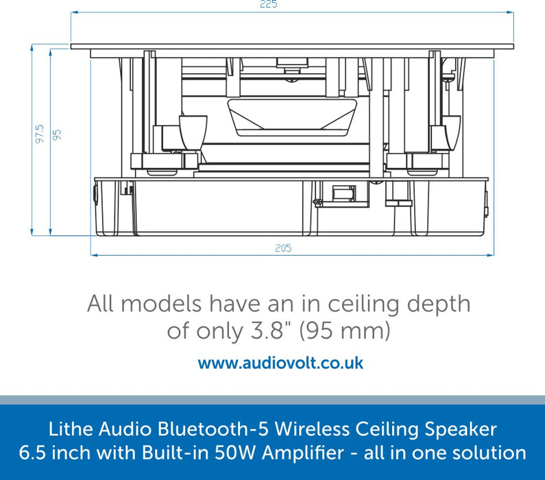 Size diagram for a Lithe Audio Bluetooth 5 Wireless Ceiling Speaker 6.5 inch