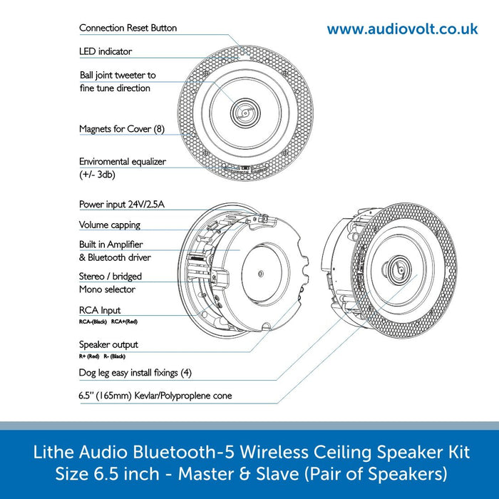 Technical features of a Lithe Audio Bluetooth-5, Wireless Ceiling Speaker Kit 6.5 inch - Master & Slave