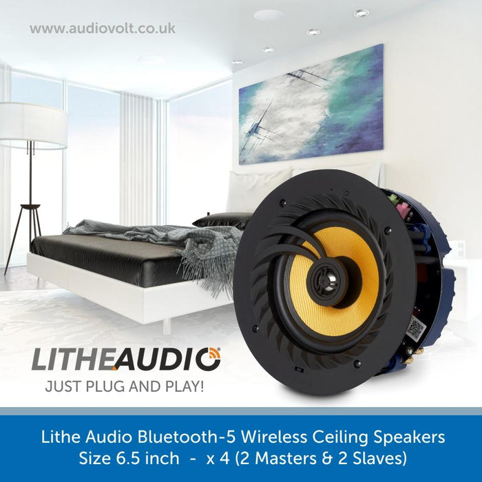 Lithe Audio Bluetooth-5 Wireless Ceiling Speakers x 4 (2 Masters & 2 Slaves)