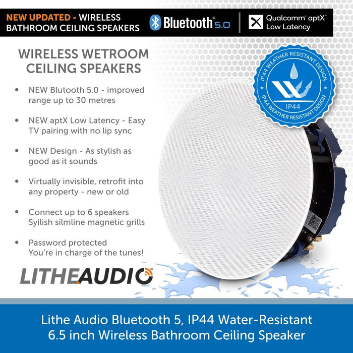Lithe Audio Bluetooth 5, IP44 Water-Resistant Wireless Bathroom Ceiling Speaker