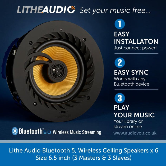 Lithe Audio Bluetooth 5, Wireless Ceiling Speakers x 6 (3 Masters & 3 Slaves)
