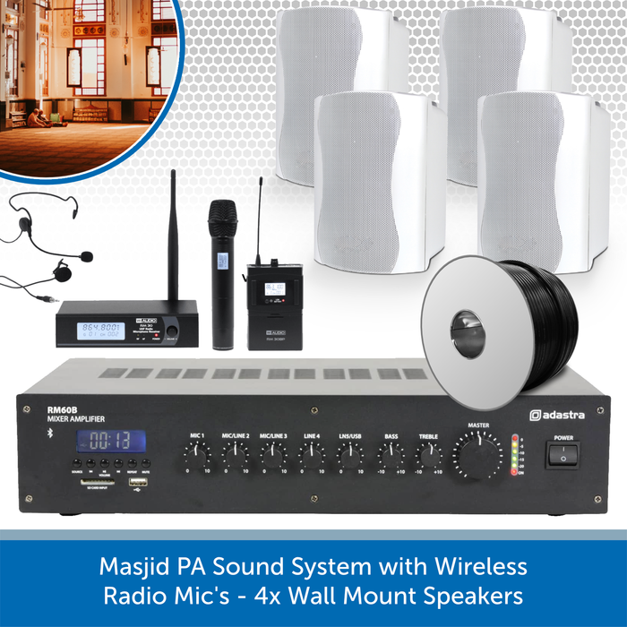 Masjid PA Sound System with Wireless Radio Mic's - 4x Wall Mount Speakers