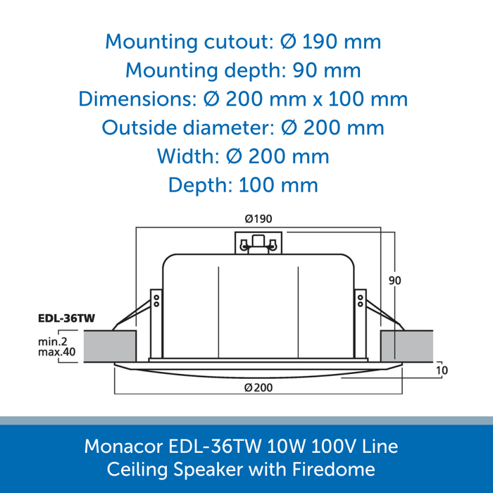 Sizes for a Monacor EDL-36TW 10W 100V Line Ceiling Speaker with Firedome
