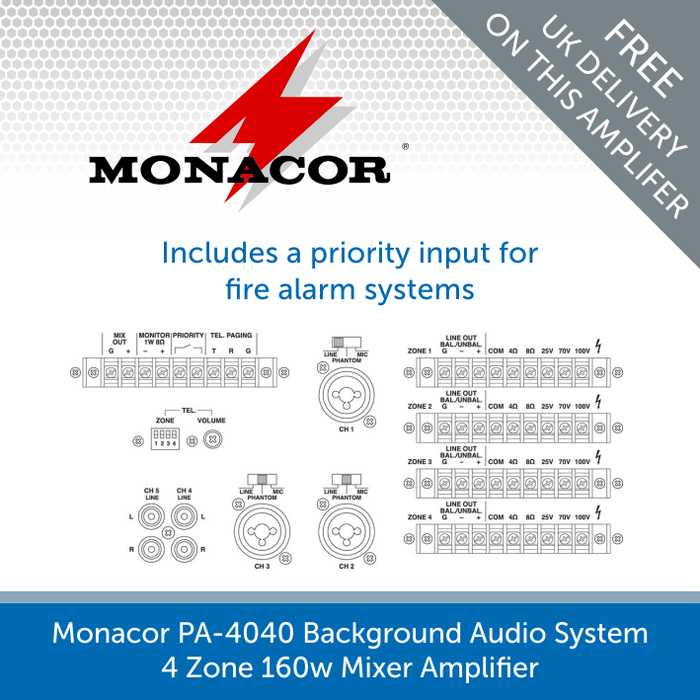 Diagram for a Monacor PA-4040 4 Zone 160w Mixer Amplifier