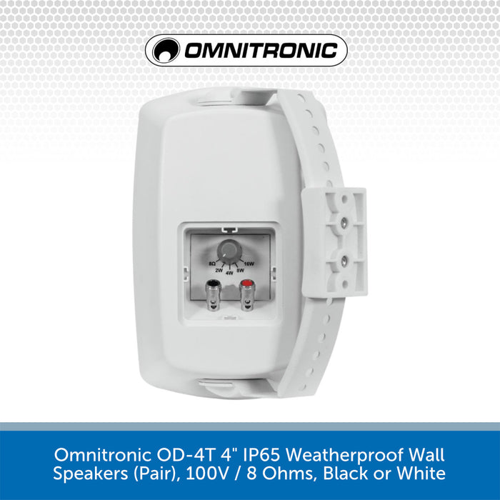 Omnitronic OD-4T 4" IP65 Weatherproof Wall Speakers (Pair), 100V / 8 Ohms, Black or White