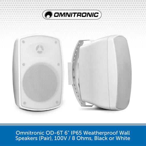 Omnitronic OD-6T 6.5" IP65 Weatherproof Wall Speakers (Pair), 100V / 8 Ohms, Black or White