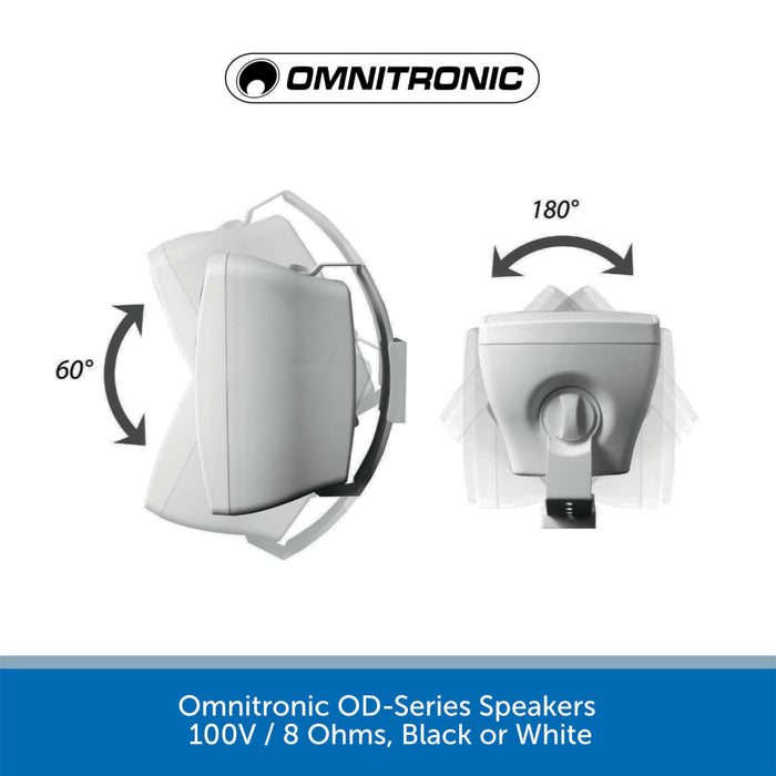 Omnitronic OD-6T 6.5" IP65 Weatherproof Wall Speakers (Pair), 100V / 8 Ohms, Black or White