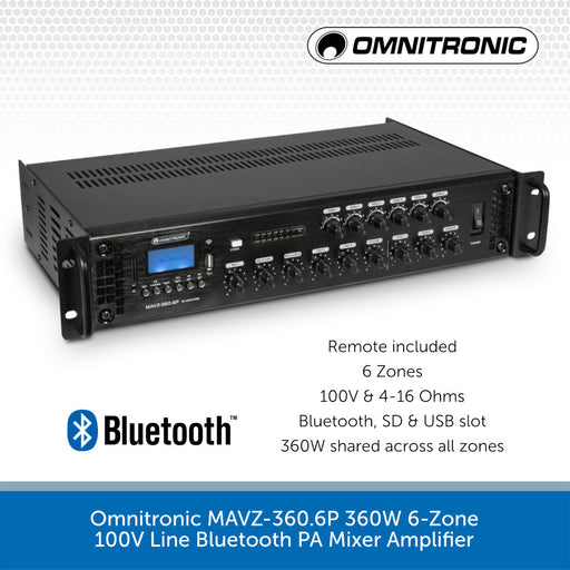 Omnitronic MAVZ-360.6P 360W 6-Zone 100V Line Bluetooth PA Mixer Amplifier