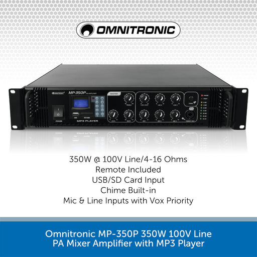 Omnitronic MP-350P 350W 100V Line PA Mixer Amplifier with MP3 Player