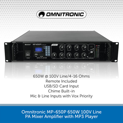 Omnitronic MP-650P 650W 100V Line PA Mixer Amplifier with MP3 Player