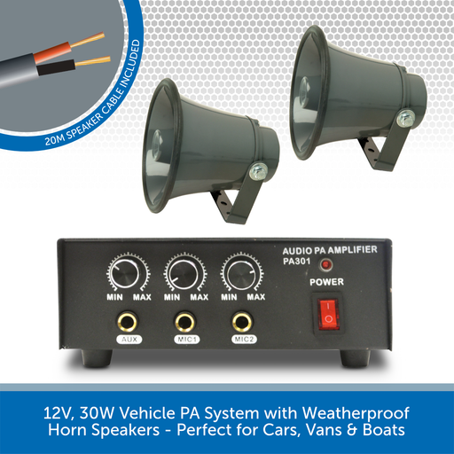 12V, 30W Vehicle PA System with Weatherproof Horn Speakers - Perfect for Cars, Vans & Boats