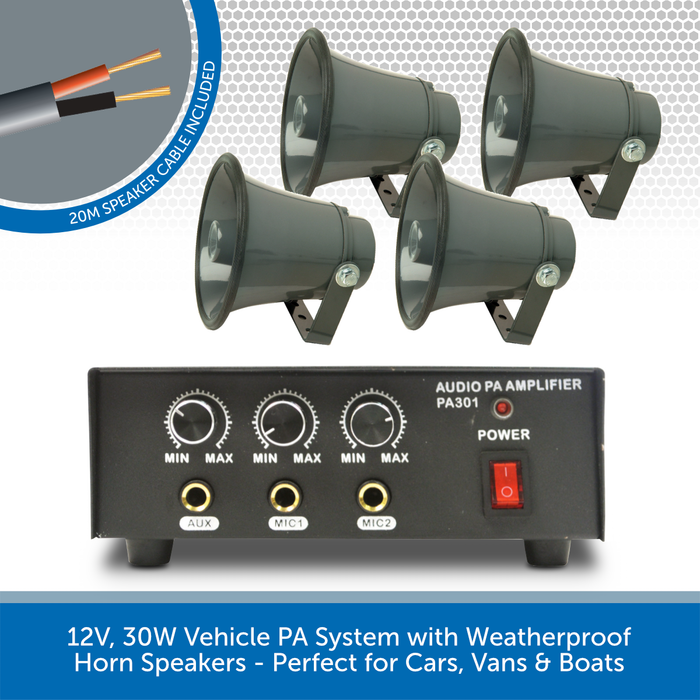 12V, 30W Vehicle PA System with Weatherproof Horn Speakers - Perfect for Cars, Vans & Boats