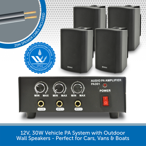 12V, 30W Vehicle PA System with Outdoor Wall Speakers - Perfect for Cars, Vans & Boats
